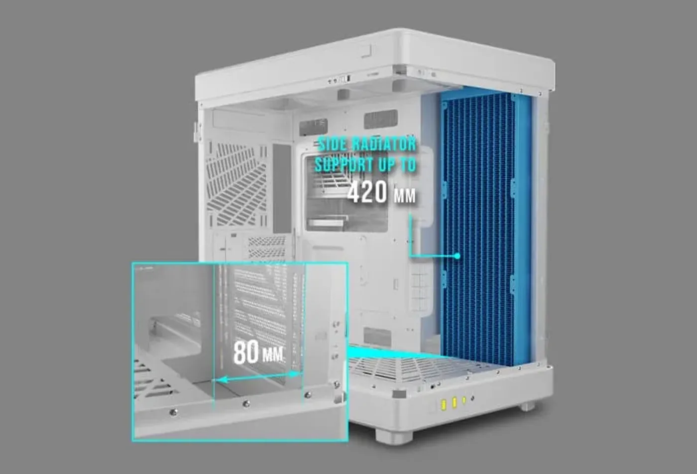 Gamdias Neso P1 gaming case side panel showcasing 420mm radiator support for advanced cooling