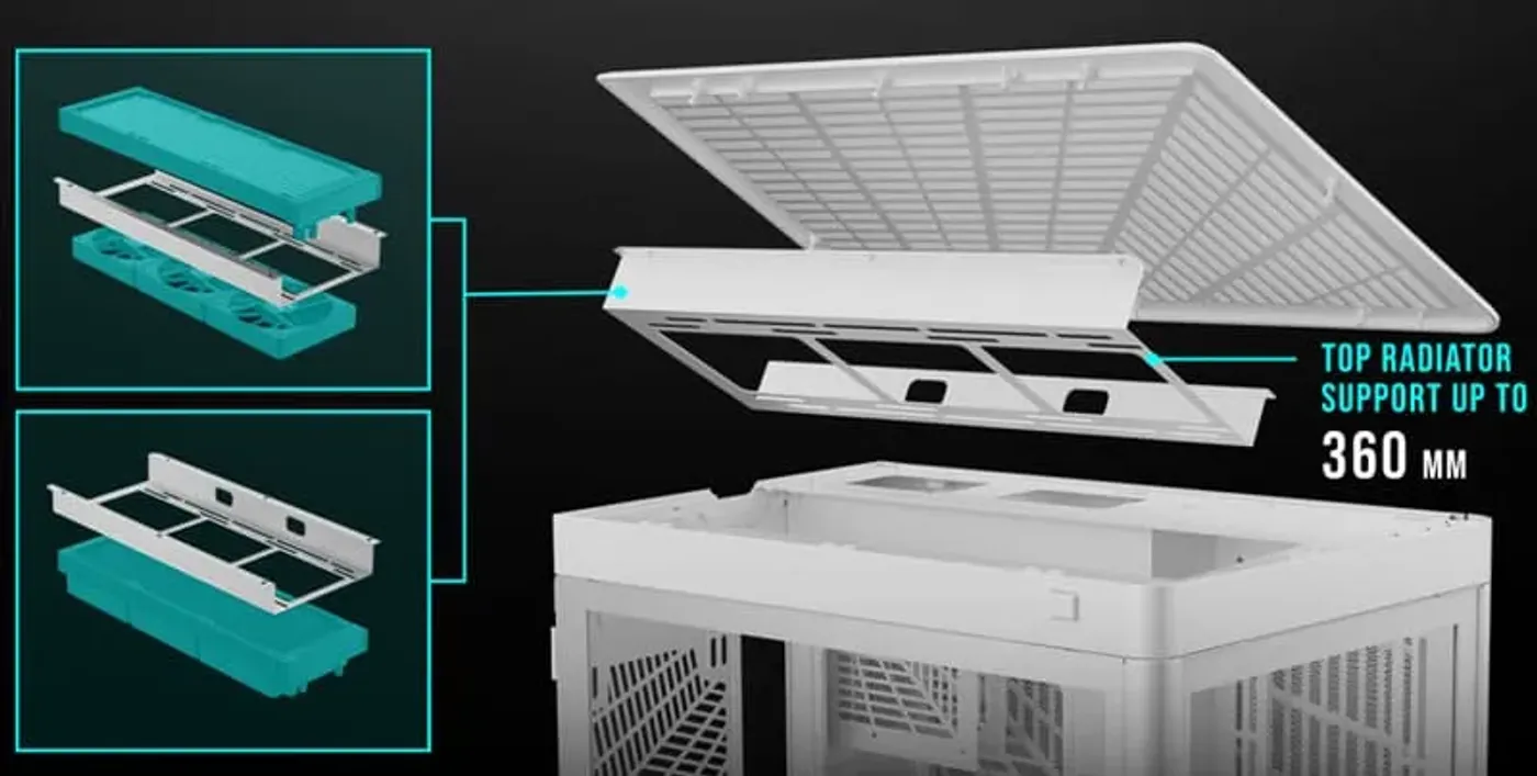 Removable top cooling bracket on Gamdias Neso P1 for easy radiator installation