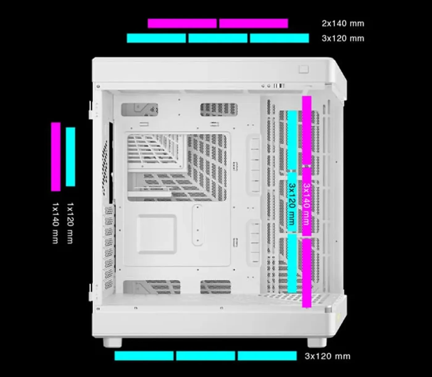 Interior view of Gamdias Neso P1 showing capacity for up to 10 cooling fans