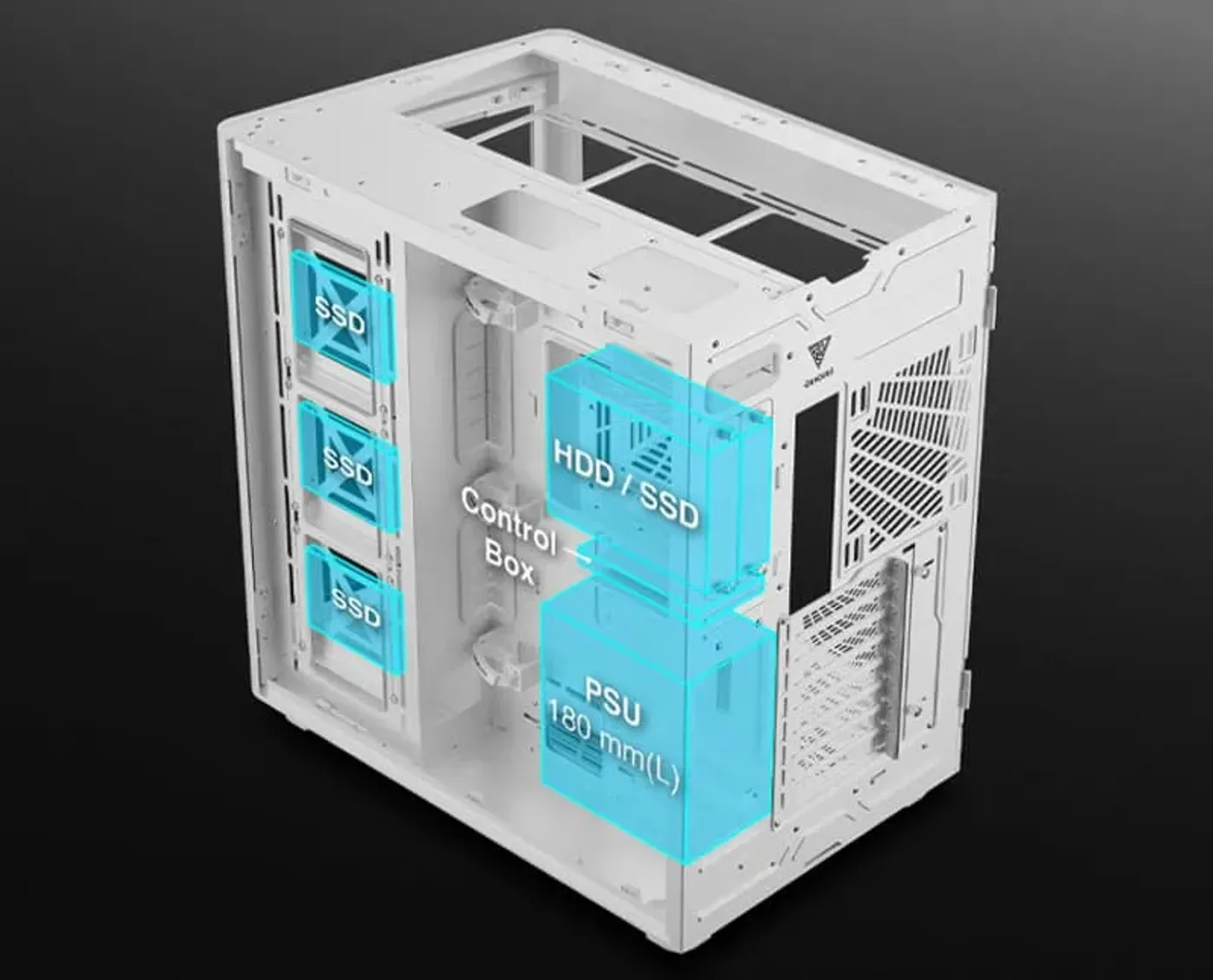 Internal storage bay of Gamdias Neso P1 supporting multiple SSD and HDD configurations