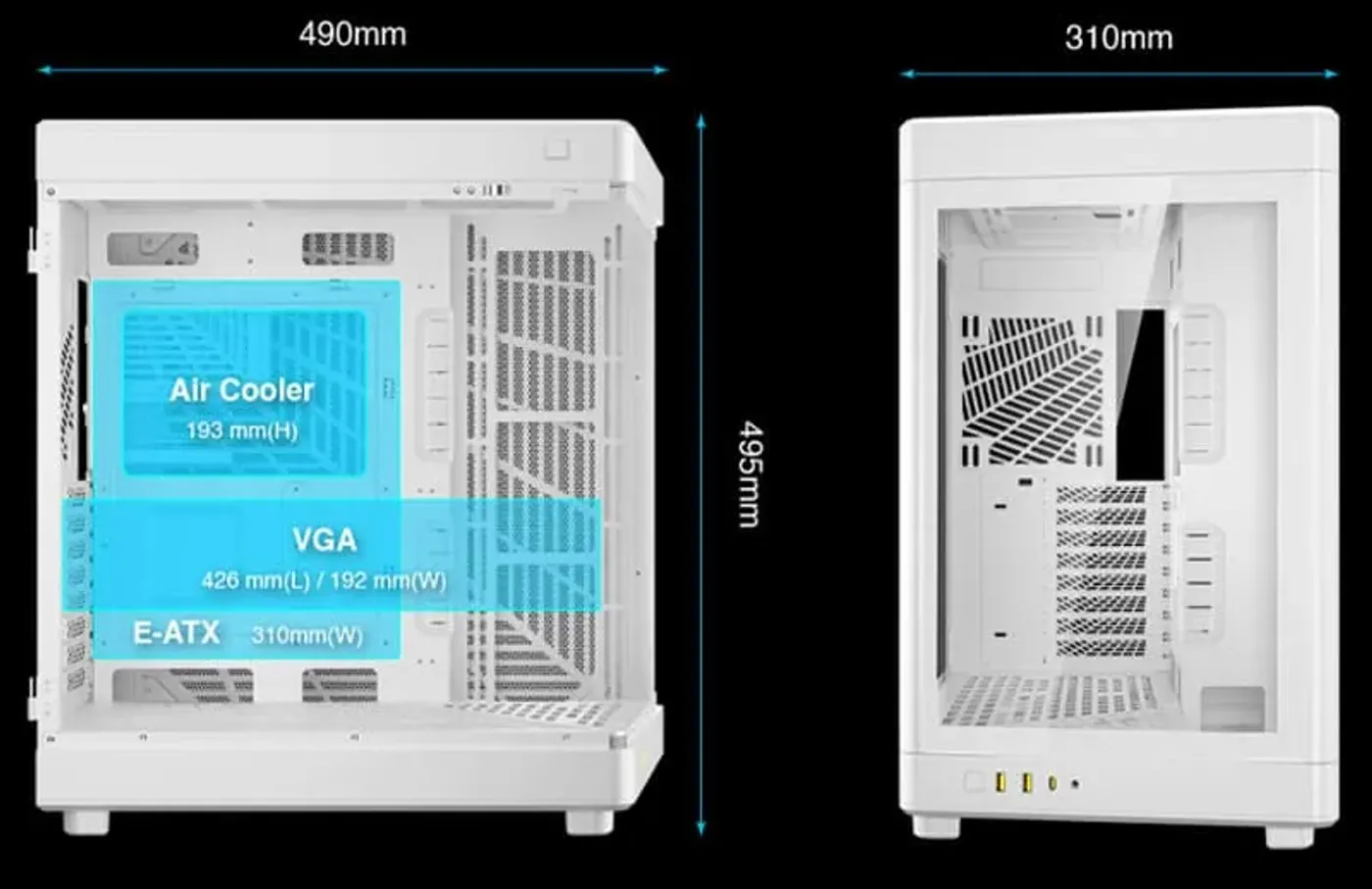 Spacious interior of Gamdias Neso P1 accommodating large E-ATX boards and long GPUs