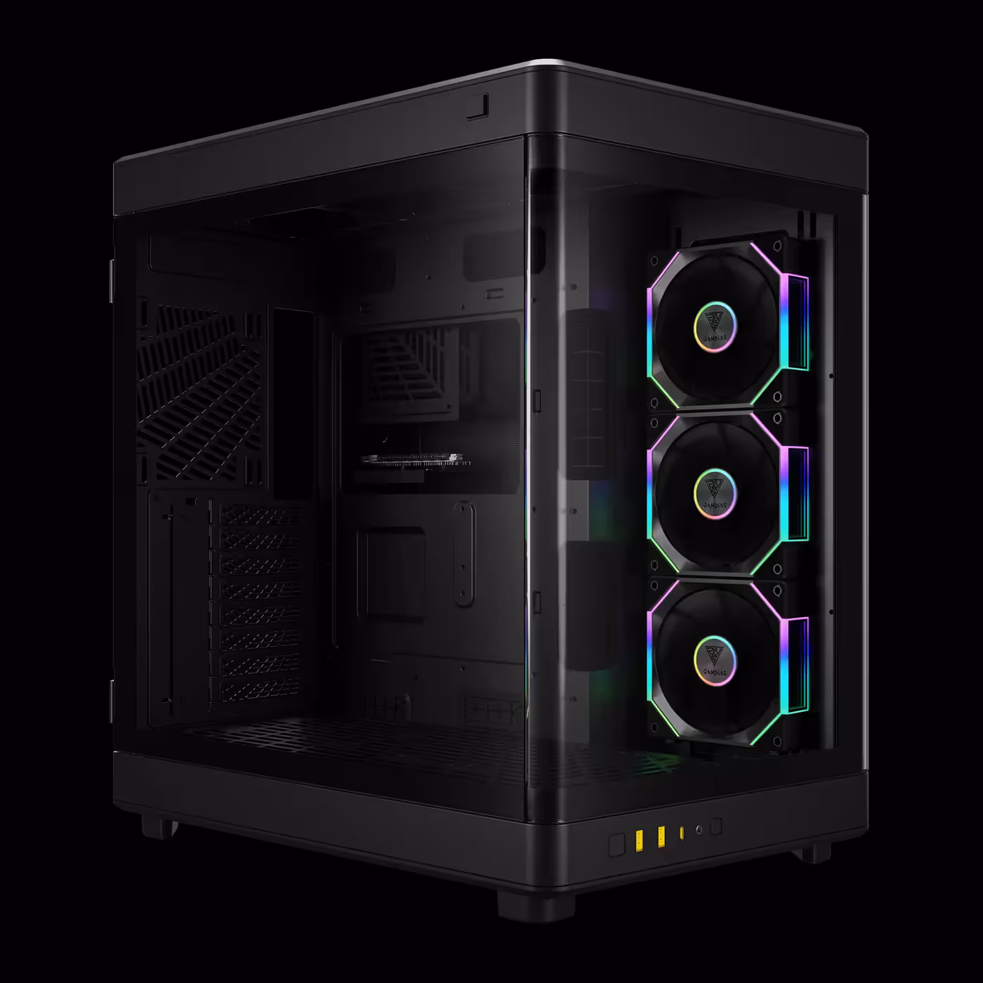Black GAMDIAS NESO P1 PRO three-quarter view with glass front and left side and three lit side fans