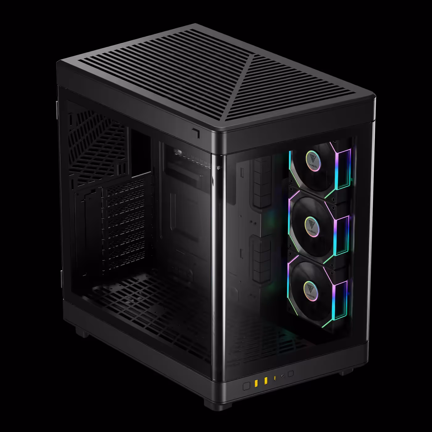 Top view of the black GAMDIAS NESO P1 PRO showing the patterned vented top panel