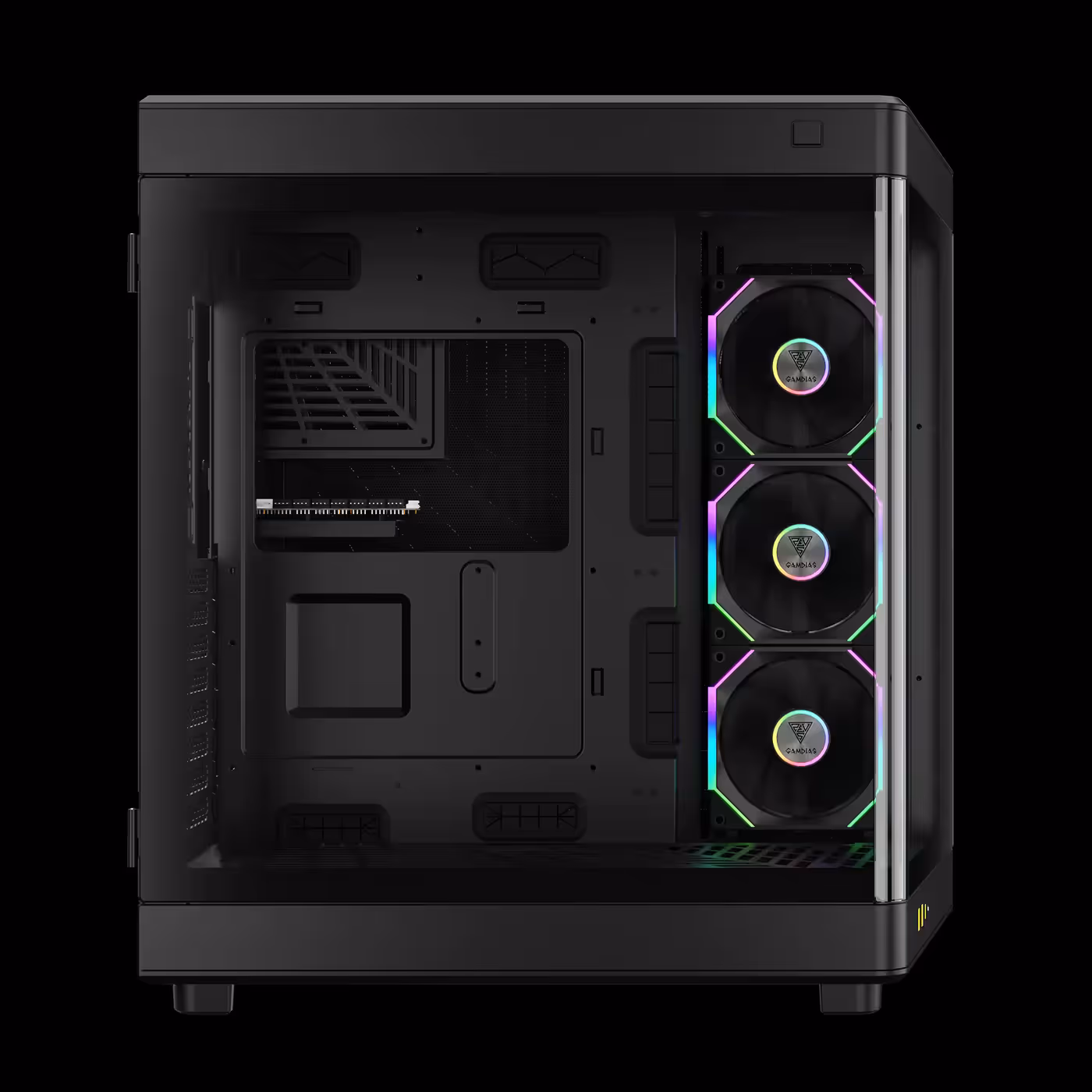 Left side view of the empty black GAMDIAS NESO P1 PRO main chamber with the side fans on the right