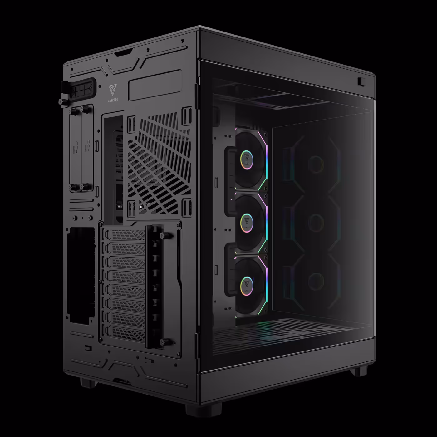 Rear three-quarter view of the black GAMDIAS NESO P1 PRO showing the rear panel and expansion slots
