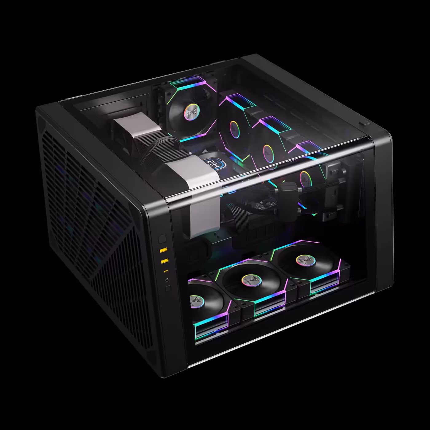 Black GAMDIAS NESO P1 PRO lying horizontally, glass panel facing up over the lit fans