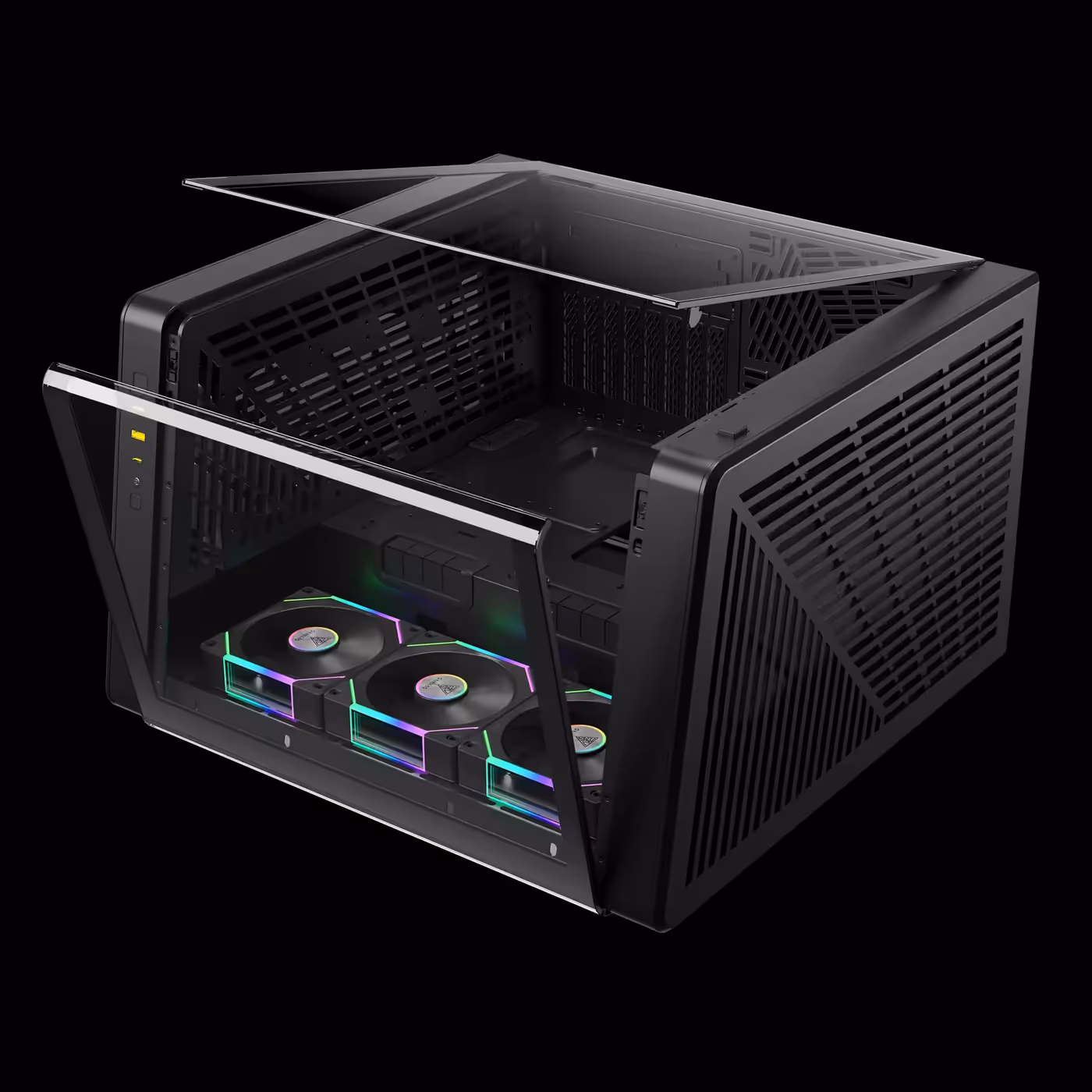 Black GAMDIAS NESO P1 PRO lying flat with its glass panel swung open over three fans