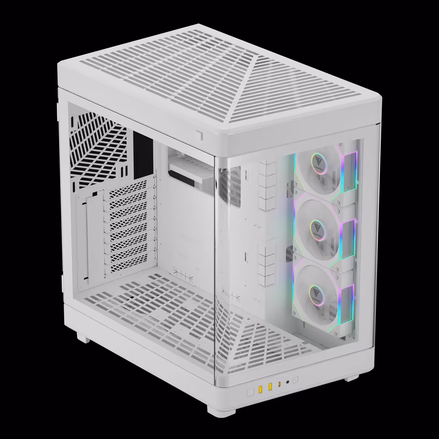 White GAMDIAS NESO P1 PRO WW from above, trapezoid vented top and glass front