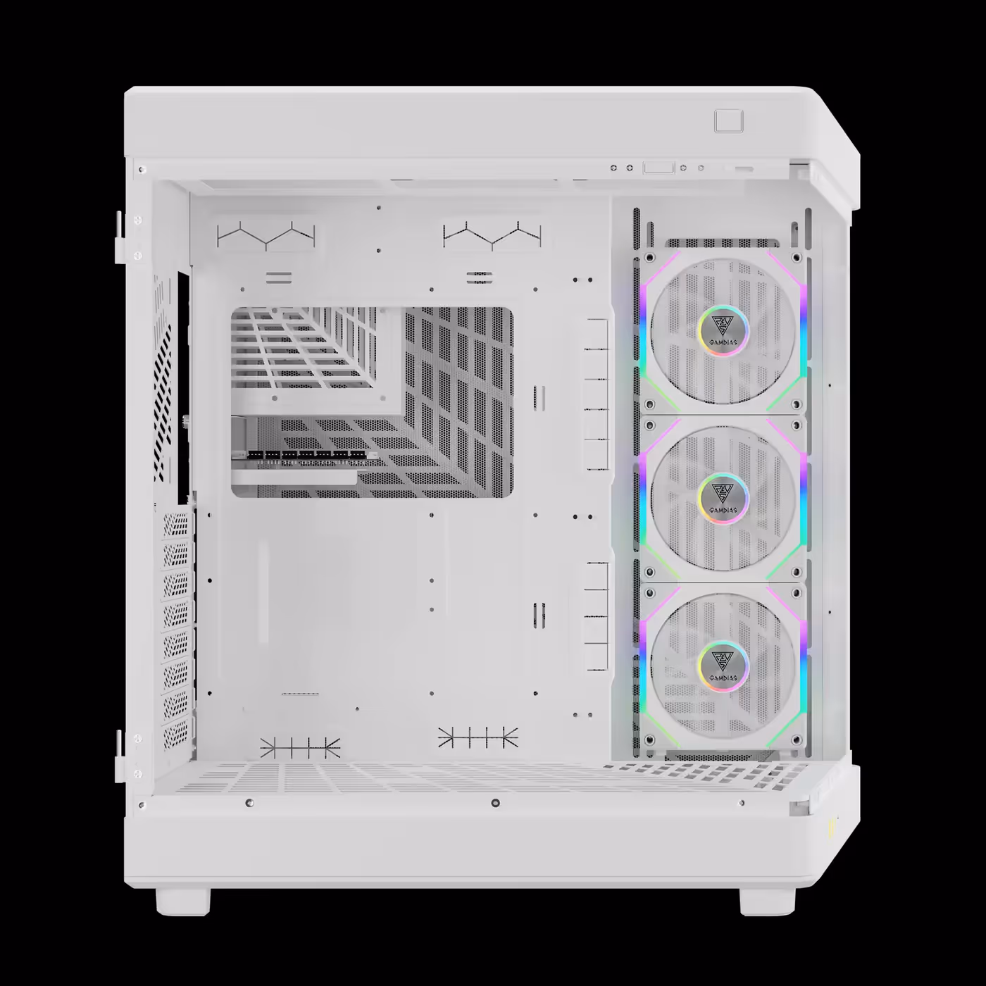 Left side view of the white GAMDIAS NESO P1 PRO WW main chamber with three side fans