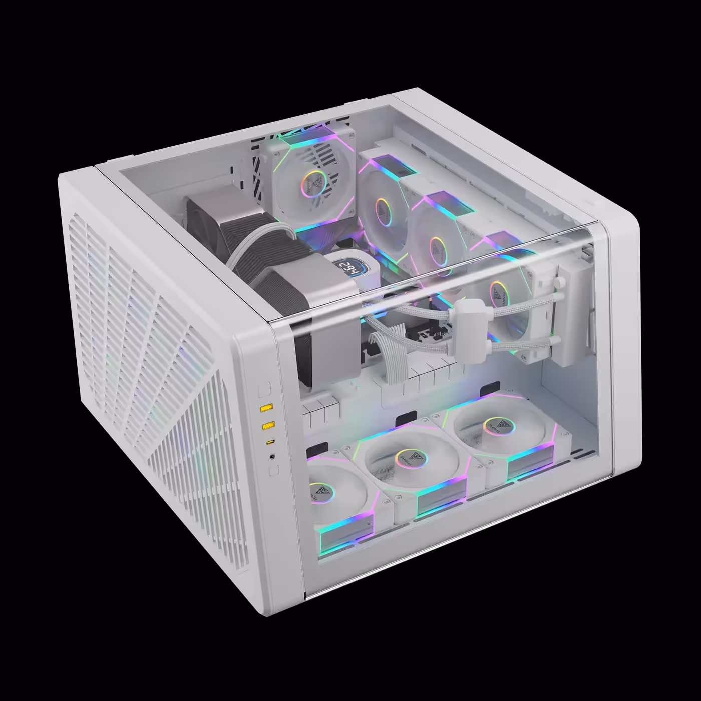 White GAMDIAS NESO P1 PRO WW lying flat with the glass on top and the fans and hardware visible