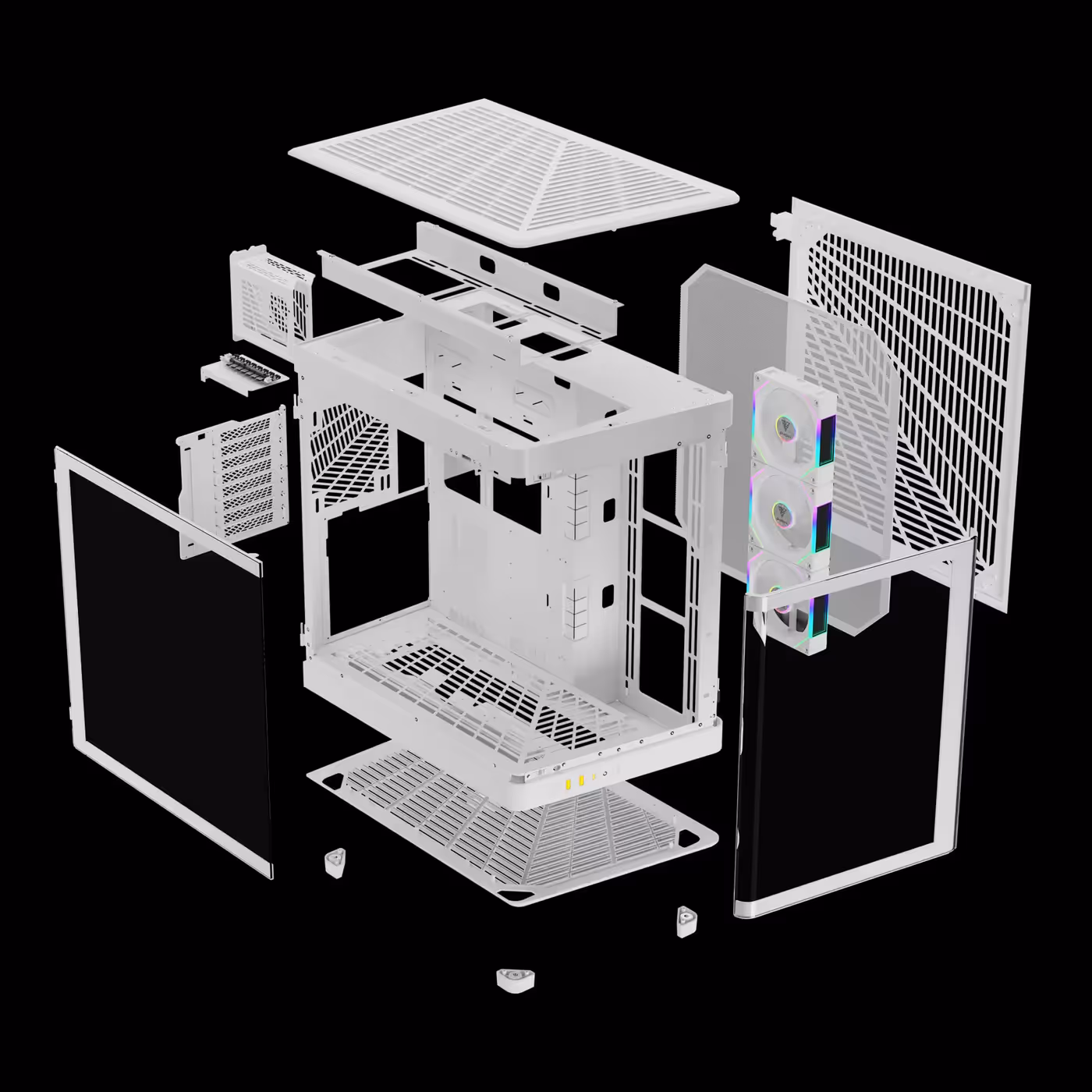 Exploded view of the white GAMDIAS NESO P1 PRO WW with glass, top and side panels apart from the frame