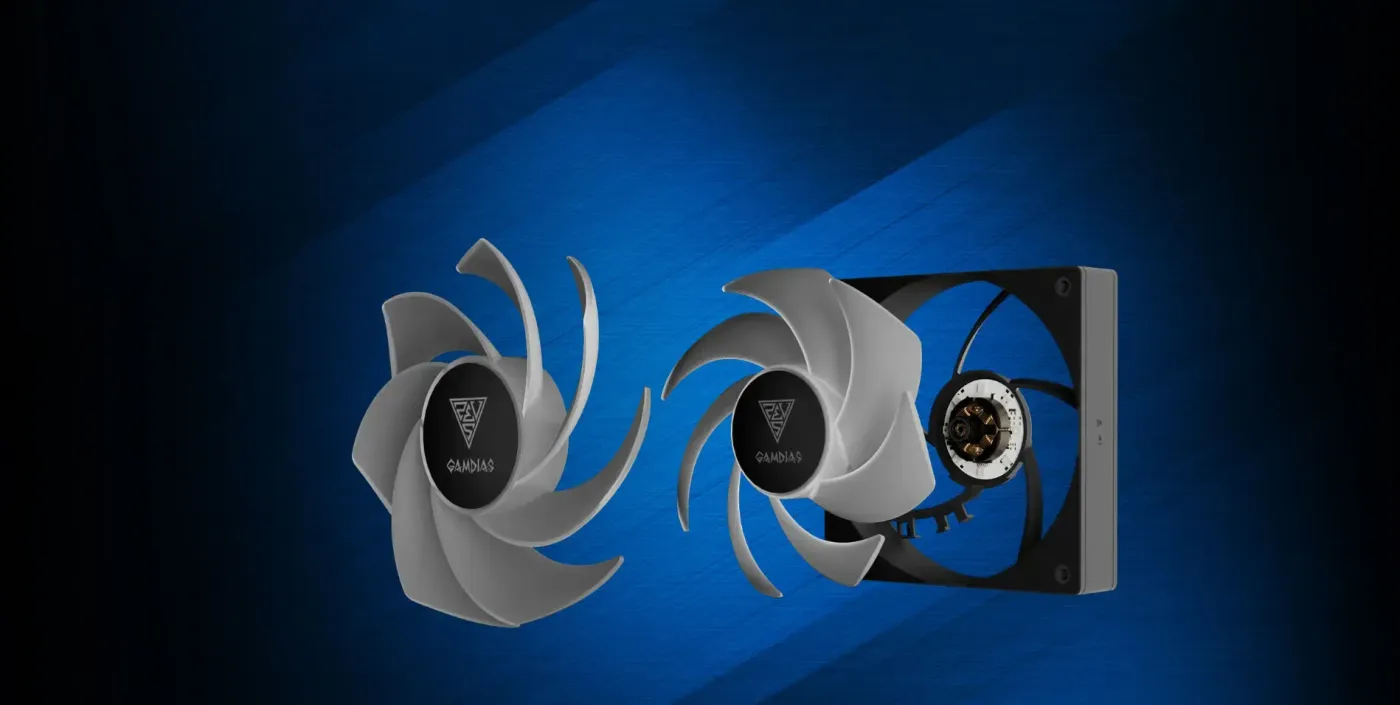 Gamdias NOTUS M1-1201 showing swappable normal and reverse fan blades.