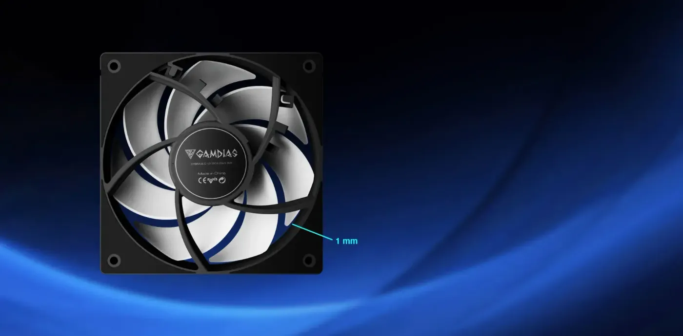 Detailed view of the 1mm tip clearance on the Gamdias NOTUS M1 fan blades.