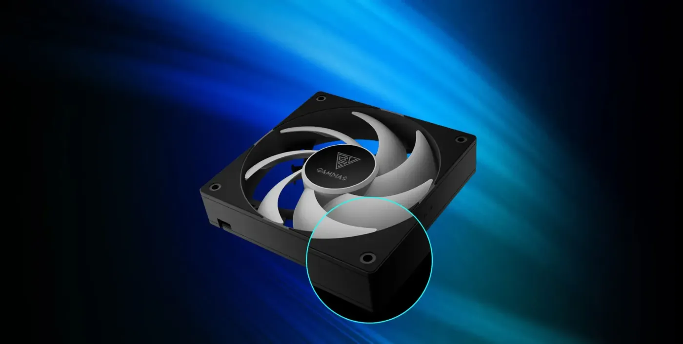 Gamdias NOTUS M1 fan showing corner anti-vibration rubber dampening pads.