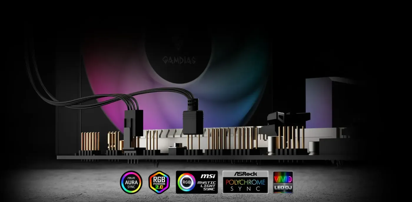 Gamdias NOTUS M1 ARGB case fan illustrating motherboard software synchronization compatibility.