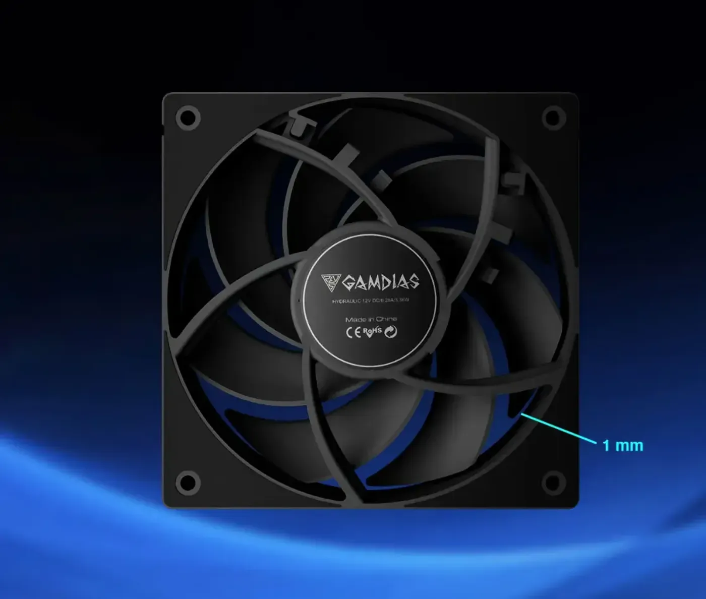 Close-up of fan blade showing the 1mm tip clearance for reduced airflow loss