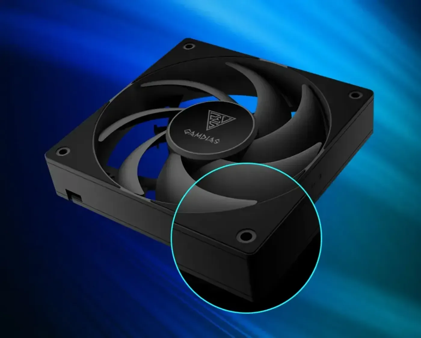 Fan corners showing anti-vibration rubber pads for silent high-speed operation