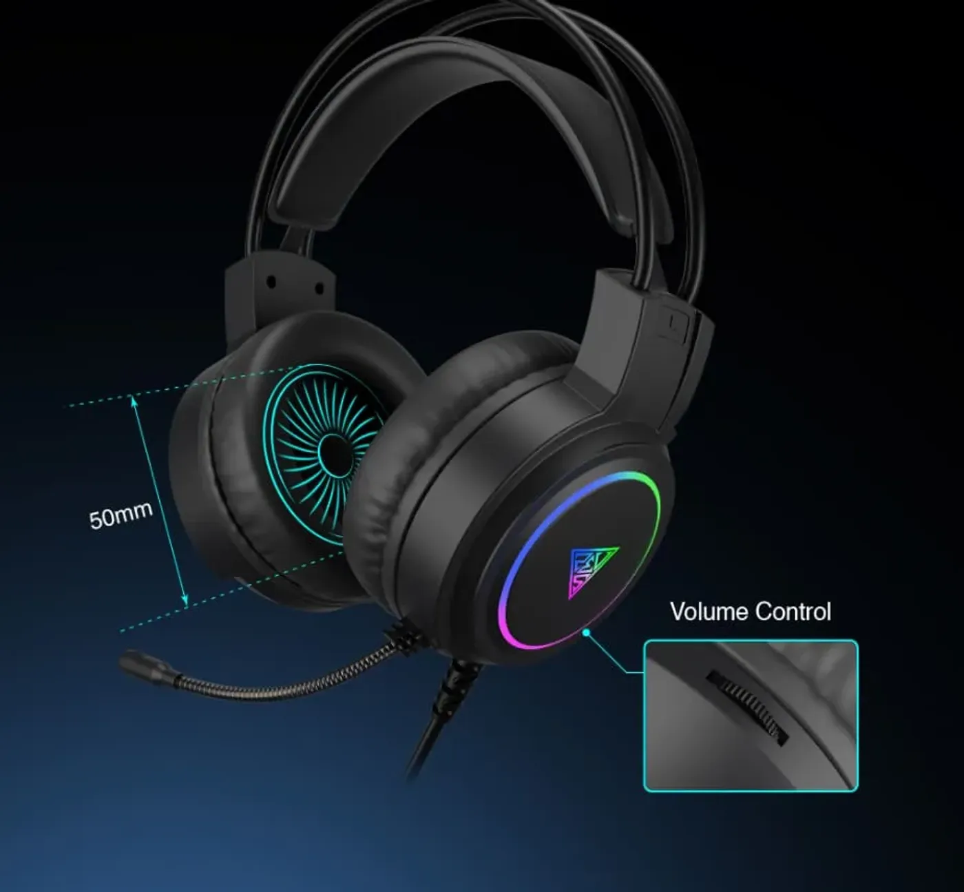 Gamdias Poseidon E2 Gaming Headset featuring 50mm drivers and rainbow lighting