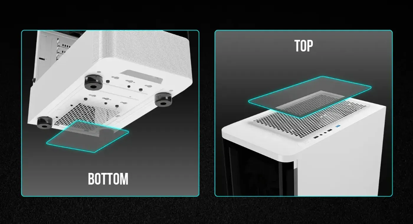 Removable dust filters on the top and bottom for system protection and ventilation