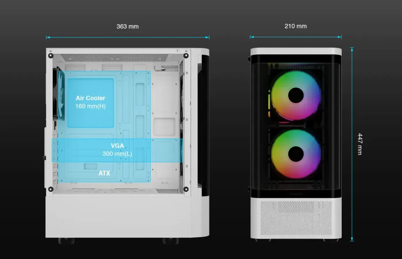 Internal view demonstrating compatibility for ATX motherboards and 300mm graphics cards