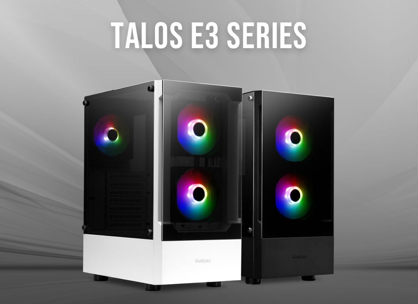 Gamdias TALOS E3 tempered glass gaming case in black shown from the front