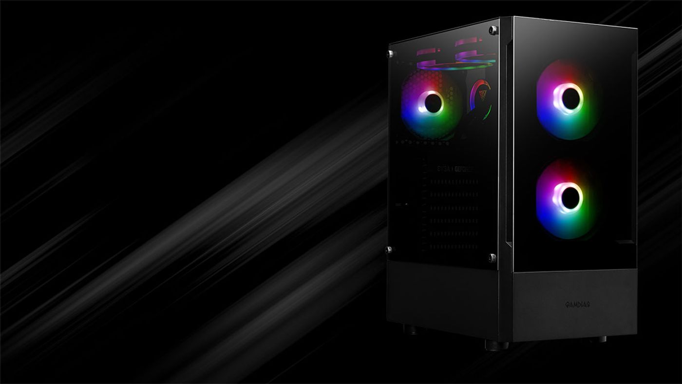 Gamdias TALOS E3 case lit up showing its ARGB fan lighting effects