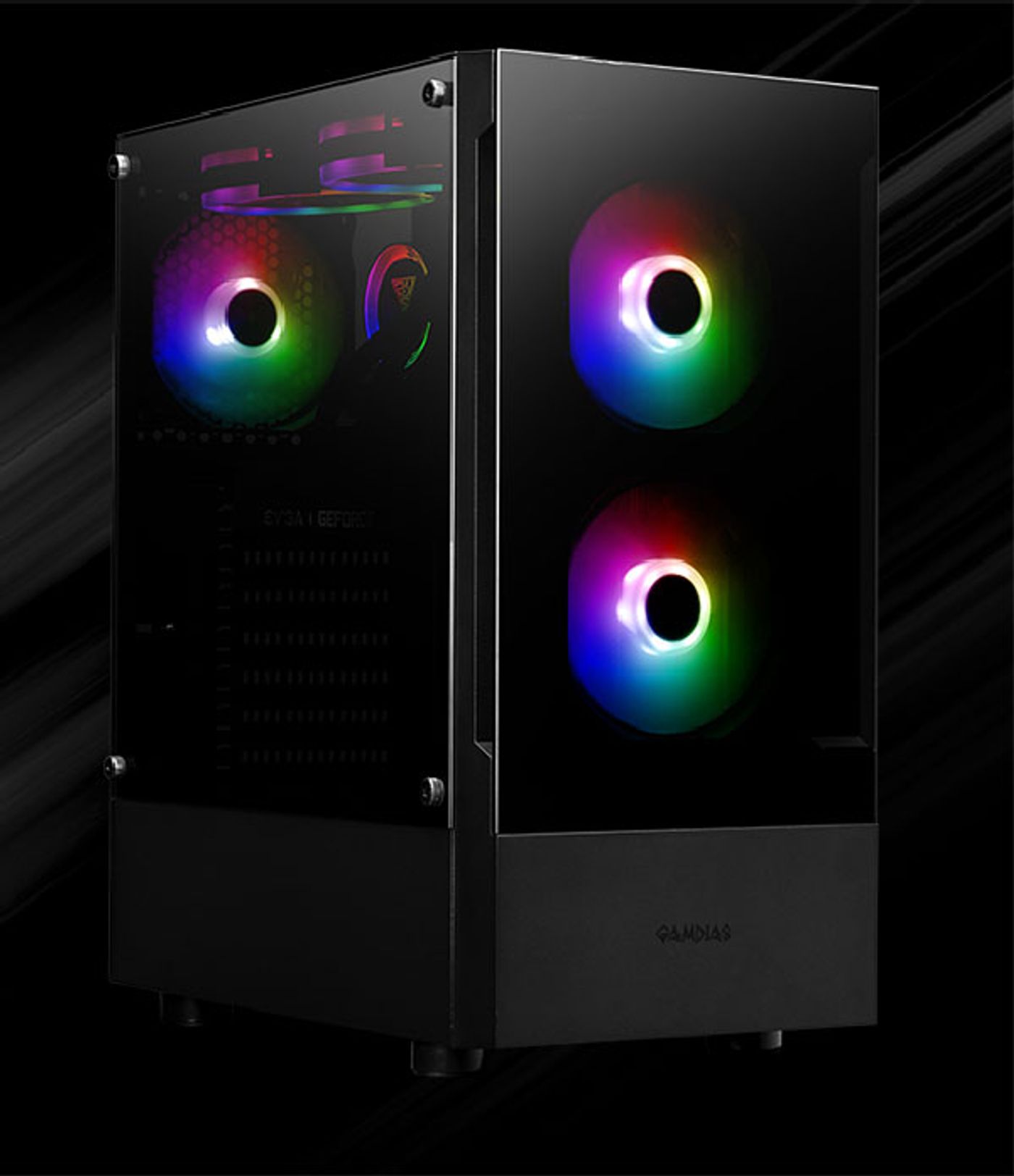 Gamdias TALOS E3 case shown at an angle to display its matte black finish