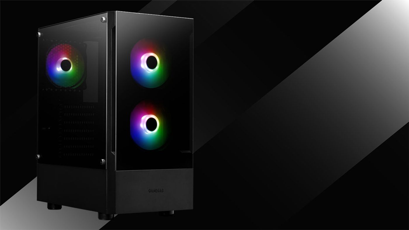 Side view of the Gamdias TALOS E3 with its tempered glass panel