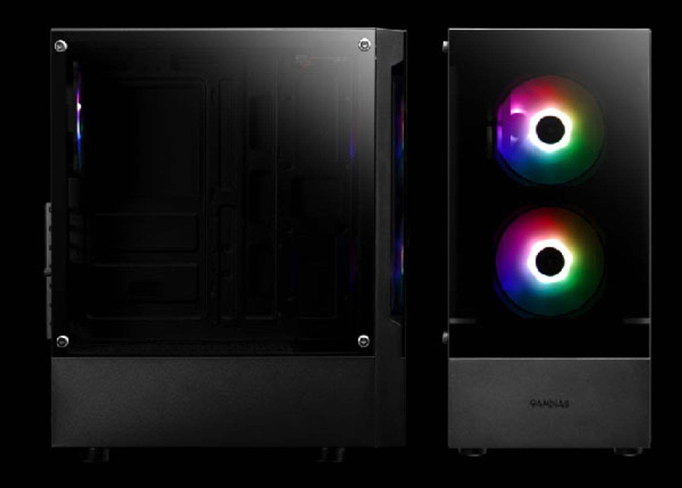 Front view of the TALOS E3 with its three built-in 120mm ARGB fans lit