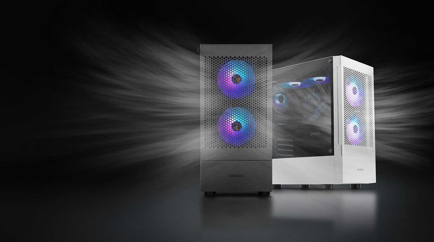 Three 120mm ARGB fans installed inside the Gamdias Talos E3 Mesh case