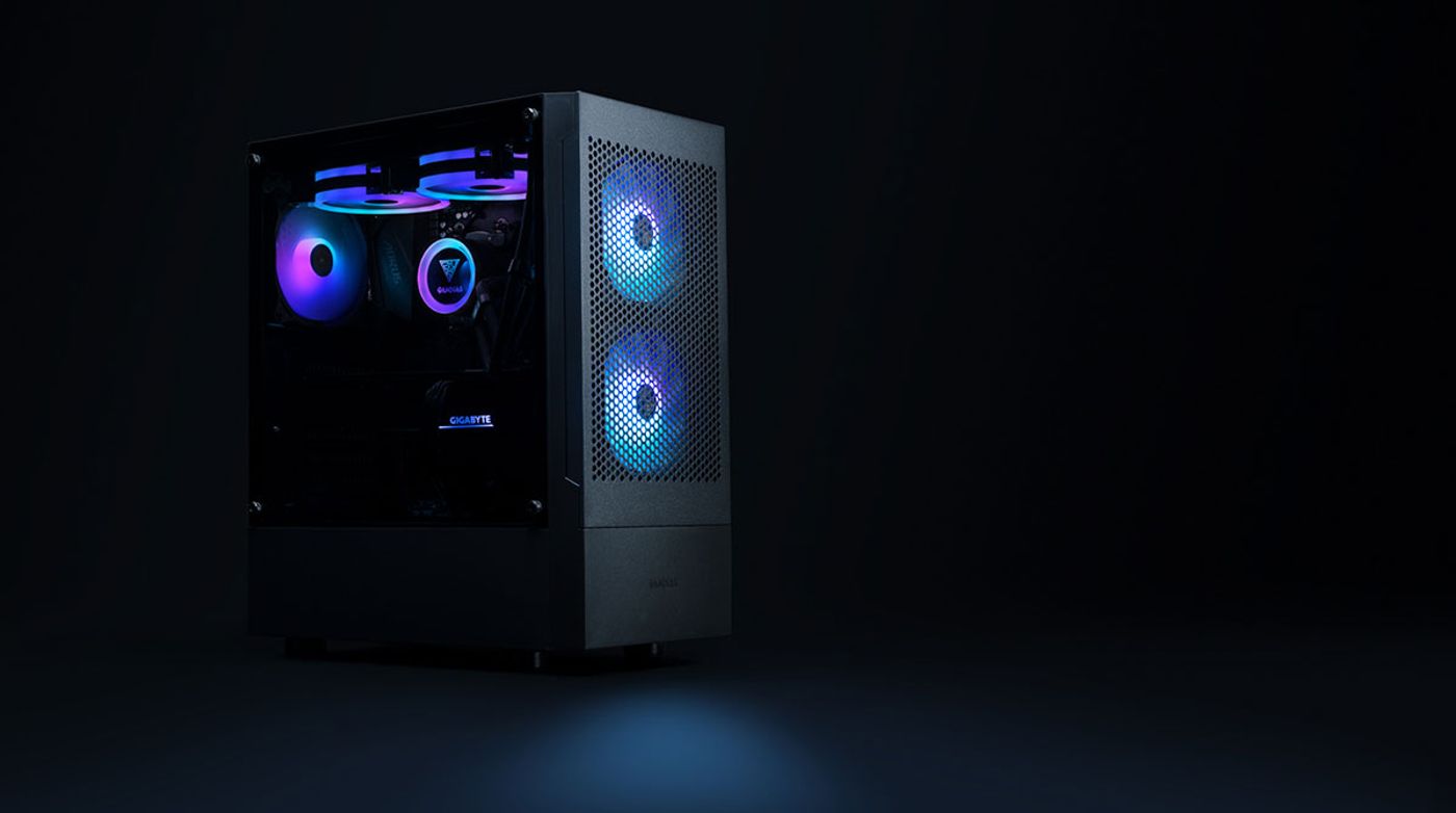 Gamdias Talos E3 Mesh case lit with ARGB effects visible through the tempered glass panel