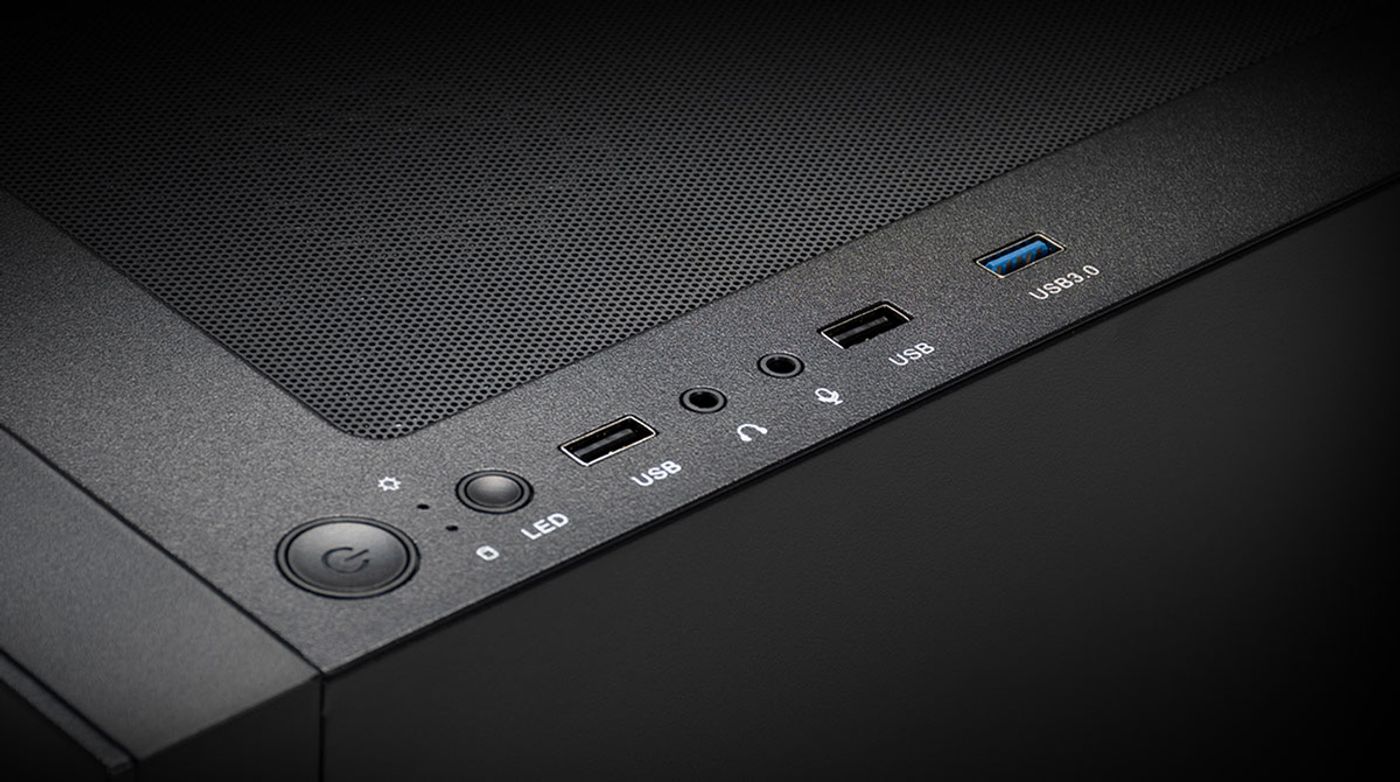 Top front I/O panel of the Talos E3 Mesh showing its USB ports and audio inputs