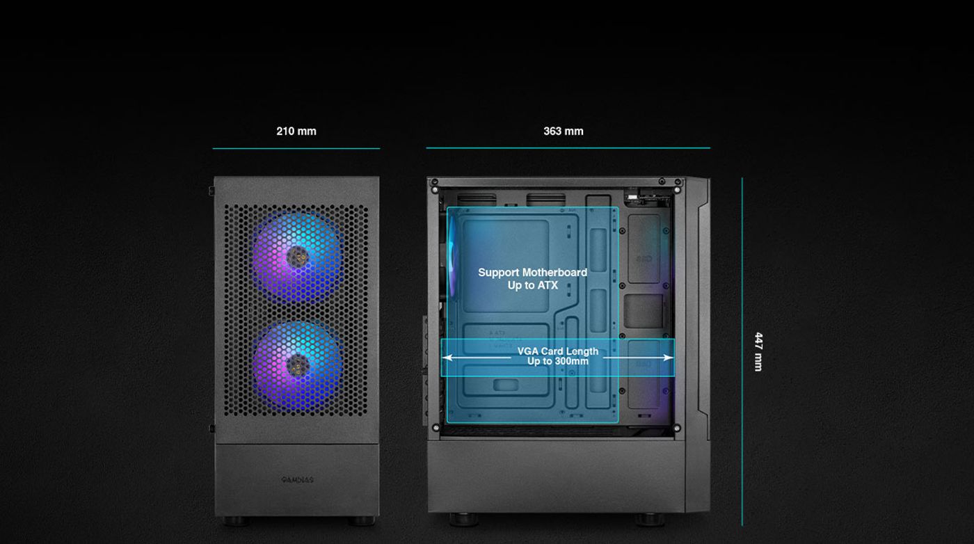 Interior layout of the Gamdias Talos E3 Mesh showing motherboard and graphics card clearance
