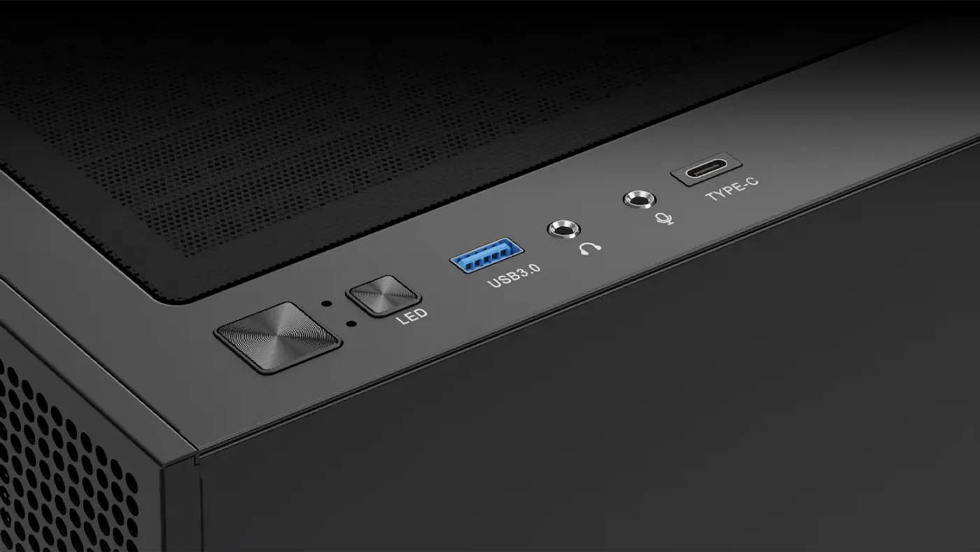 Front I/O panel of the TALOS M3 MESH with USB Type-C, USB 3.0 and audio