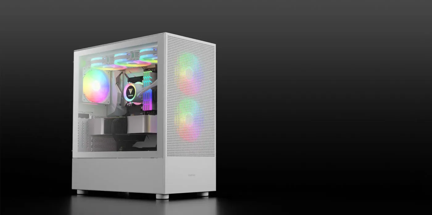 ARGB lighting glowing through the mesh front and glass side of the TALOS M3 MESH