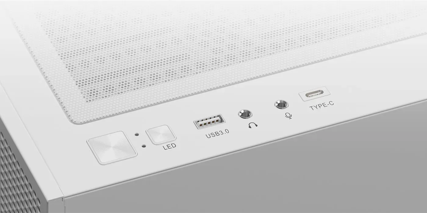 Front I/O panel of the TALOS M3 MESH with USB Type-C and audio connections