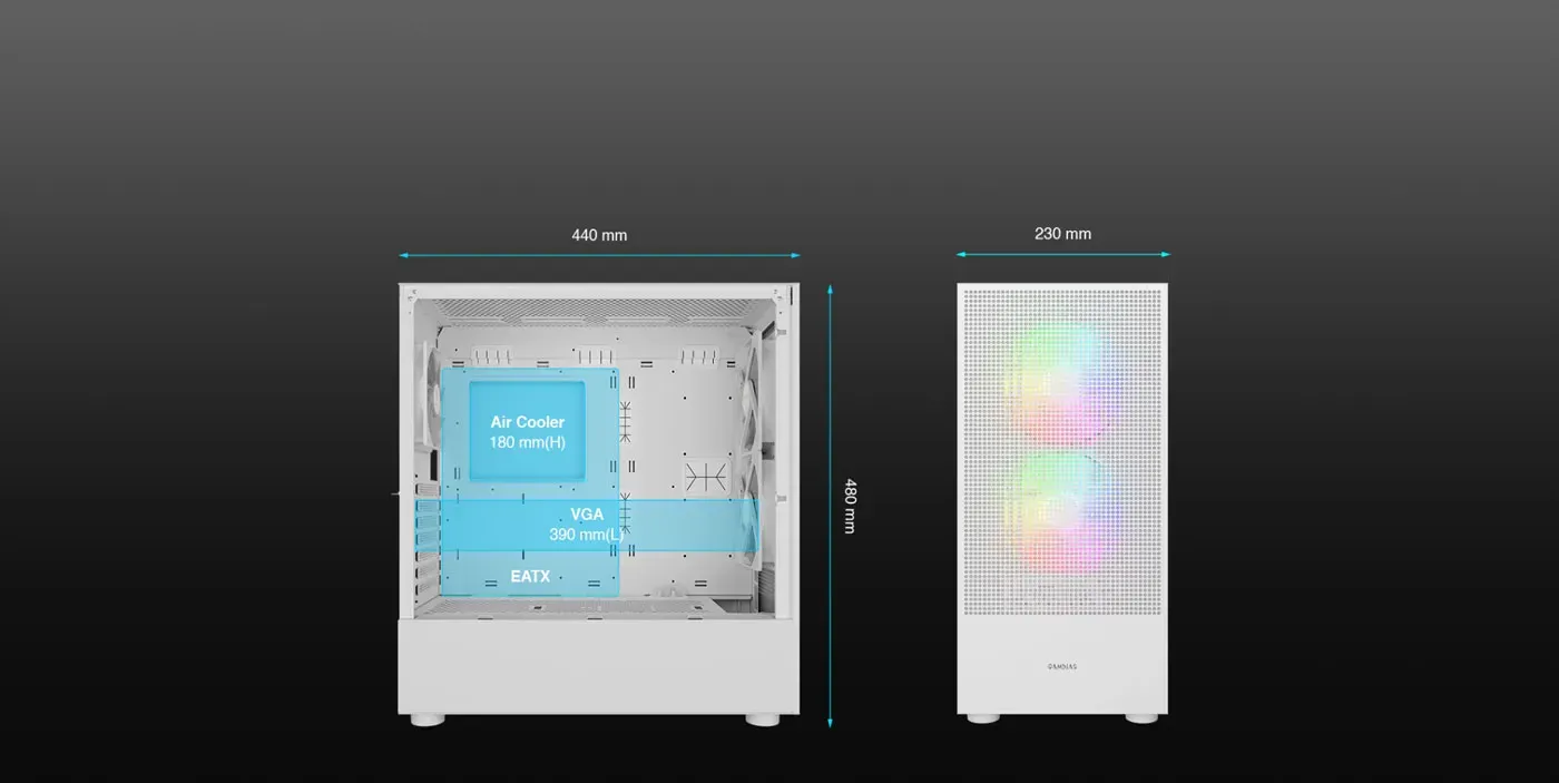 Interior of the TALOS M3 MESH showing E-ATX motherboard and graphics card space