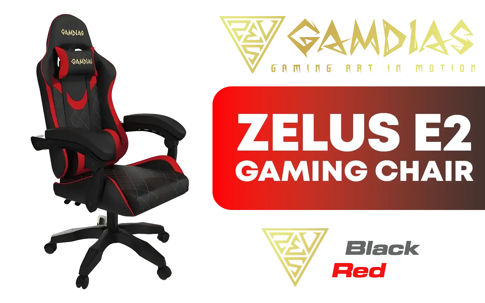 Gamdias Zelus E2 Gaming Chair - Black-Red / Premium PU Leather / Adjustable Back to 126 Degree / Adjustable Backrest / Gas Lift Base / Max Load up to 130kg / ZELUS E2 L BR