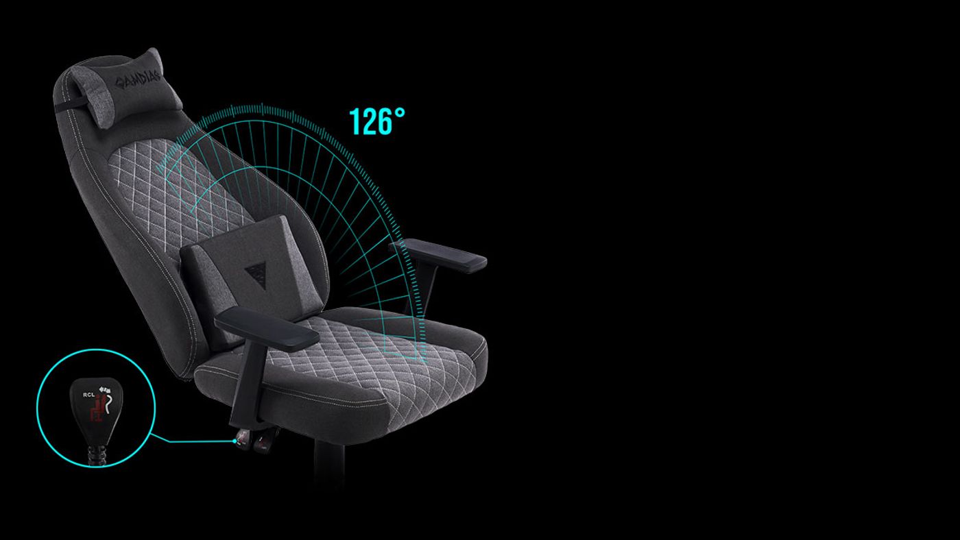 Adjustable backrest of the Gamdias Zelus E4 Weave shown in recline position