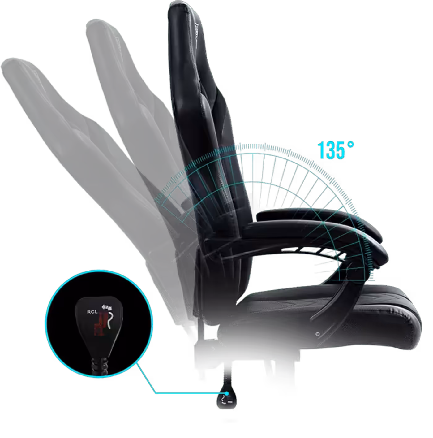 Gamdias ZELUS E5 Gaming Chair shown with adjustable backrest recline functionality