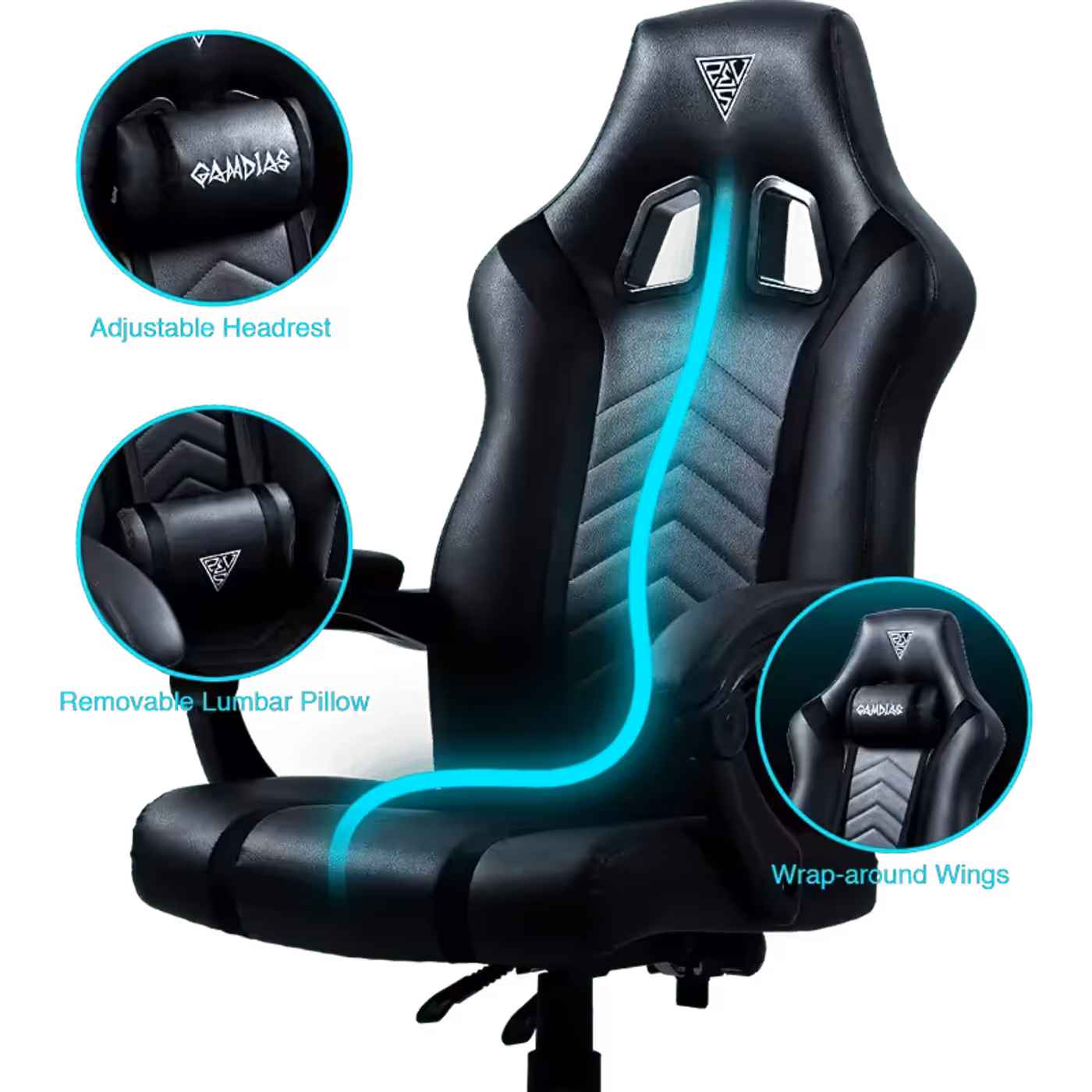 Gamdias ZELUS E5 Gaming Chair showcasing stylish black design and meticulous stitching