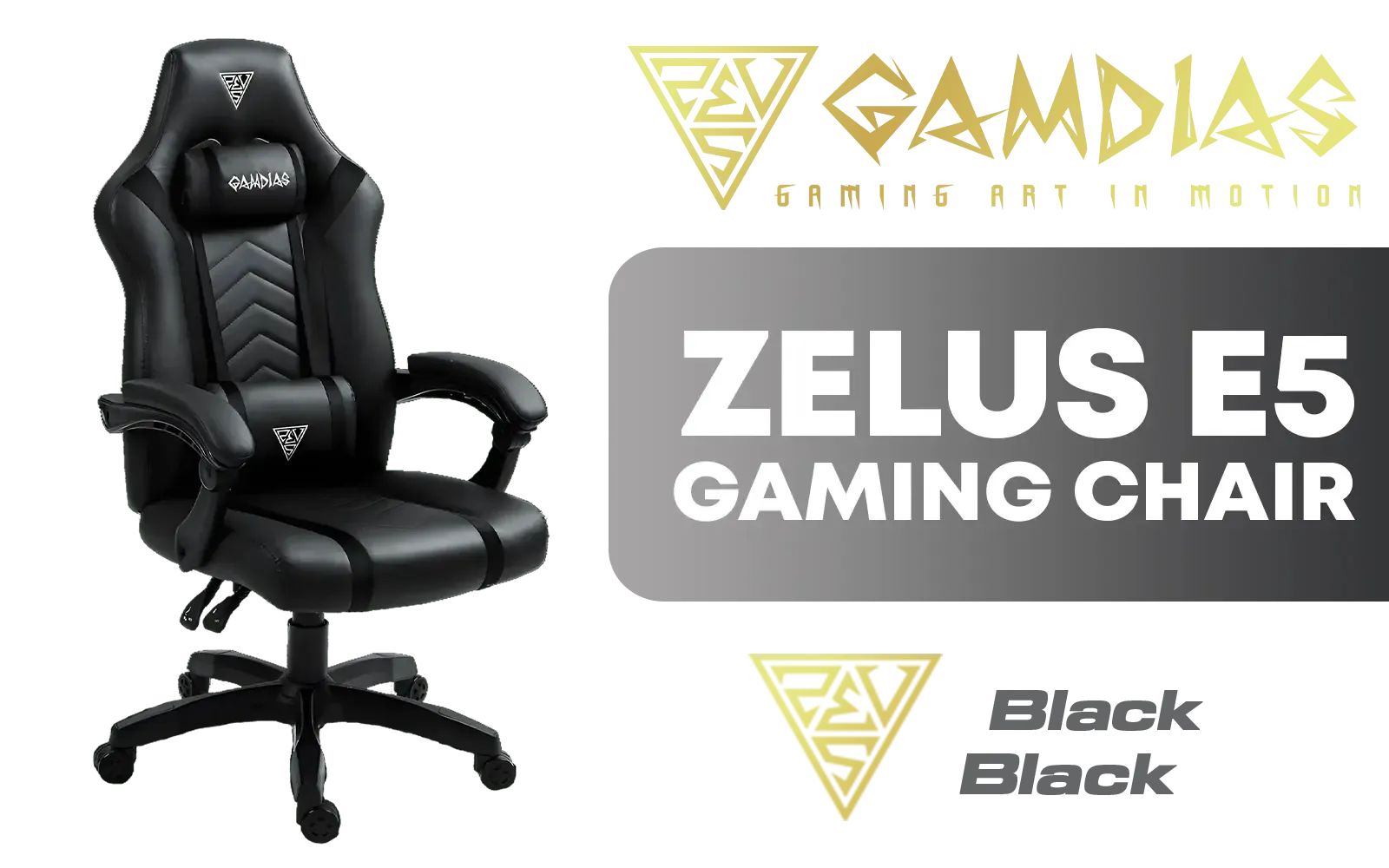 Gamdias ZELUS E5 Gaming Chair - Black / Unique Ergonomic Form / Premium Synthetic Faux Leather / Adjustable Backrest / Adaptive Jointed Armrest / Gas Lift Base / ZELUS-E5