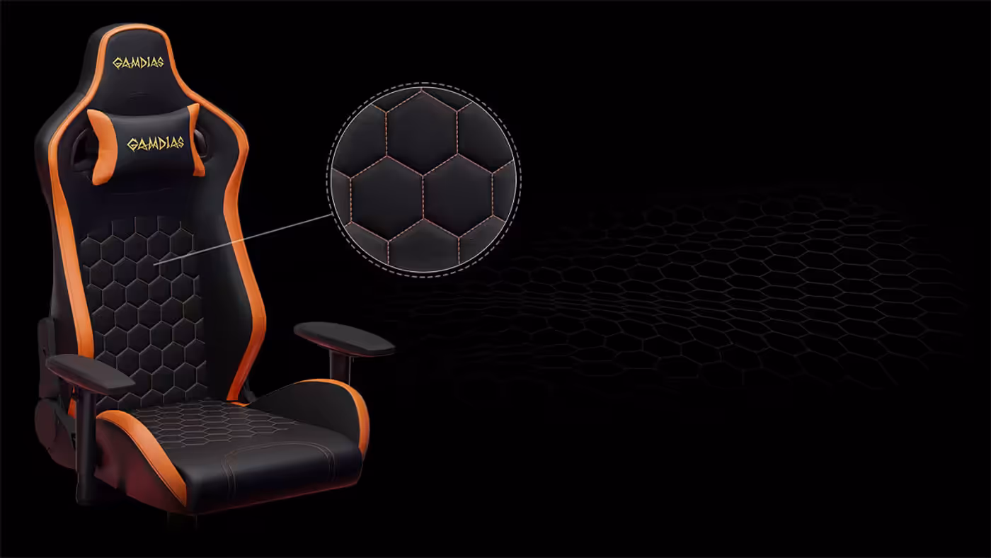 Close-up view of the hive-patterned lumbar support on the Zelus M2