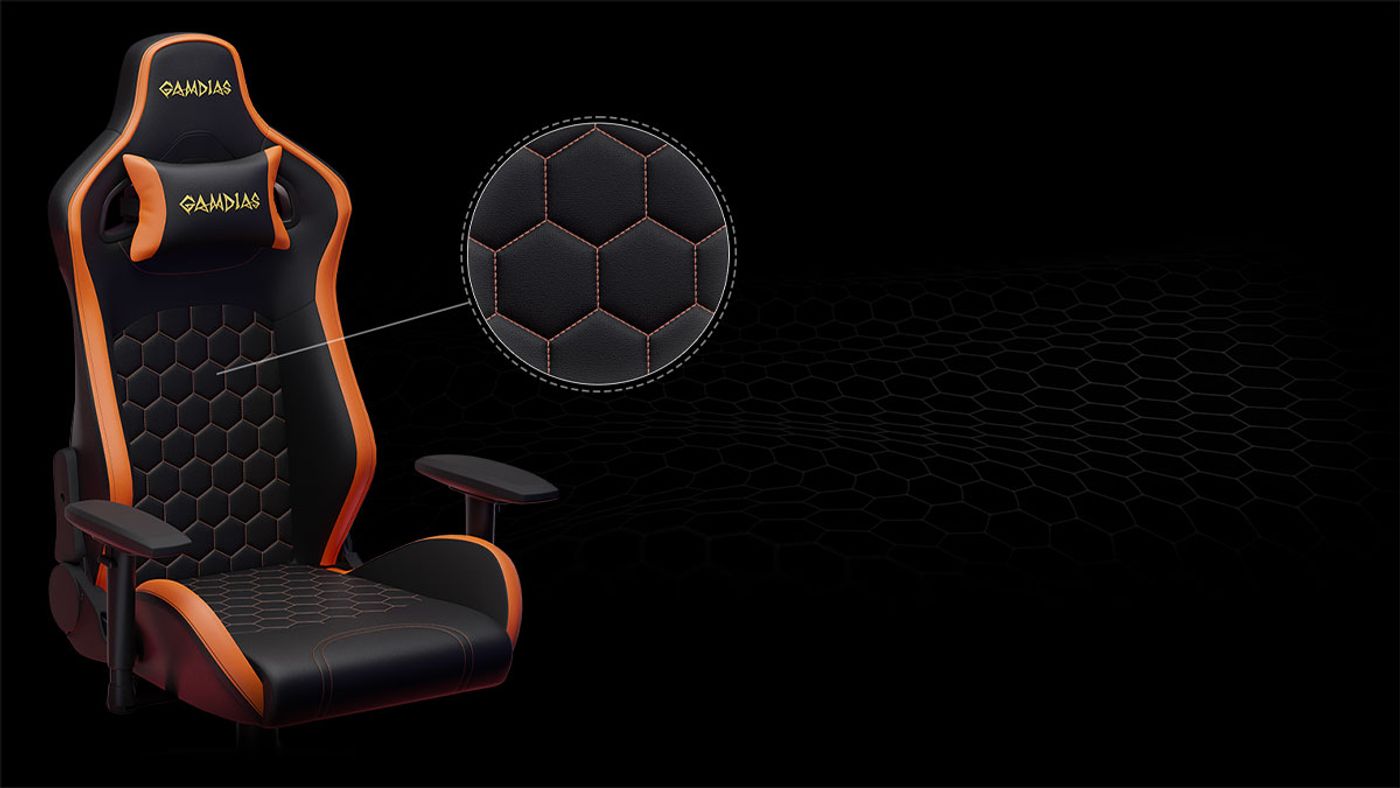 Close-up of the Gamdias Zelus M2 hive-pattern lumbar support design