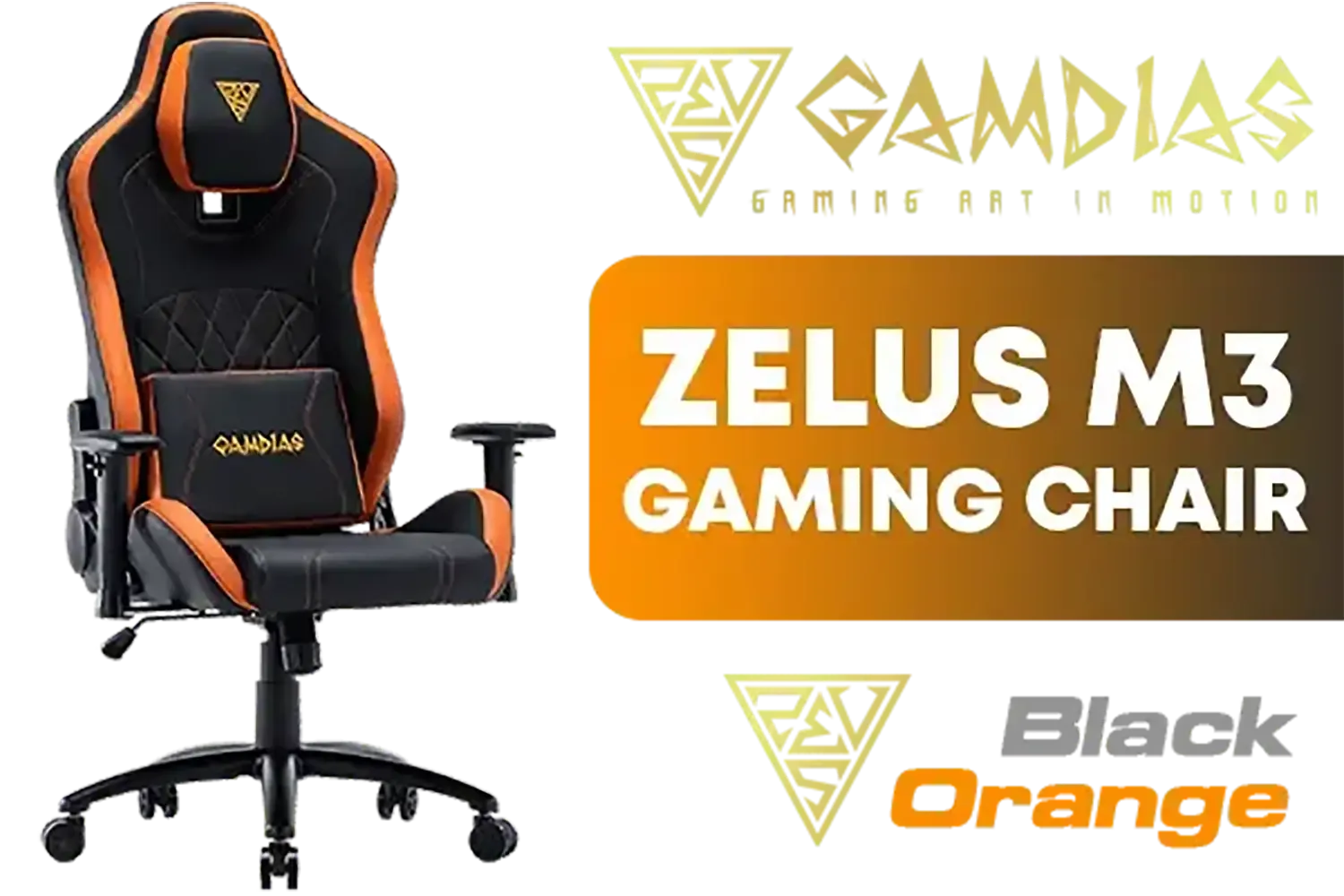 Gamdias Zelus M3 Gaming Chair - Black/Orange / Adjustable Headrest / Resilient Foam Filling / Full Backrest Recline / 5 Star Steel Base / 2D Adjustable Armrests / ZELUS M3 L BO