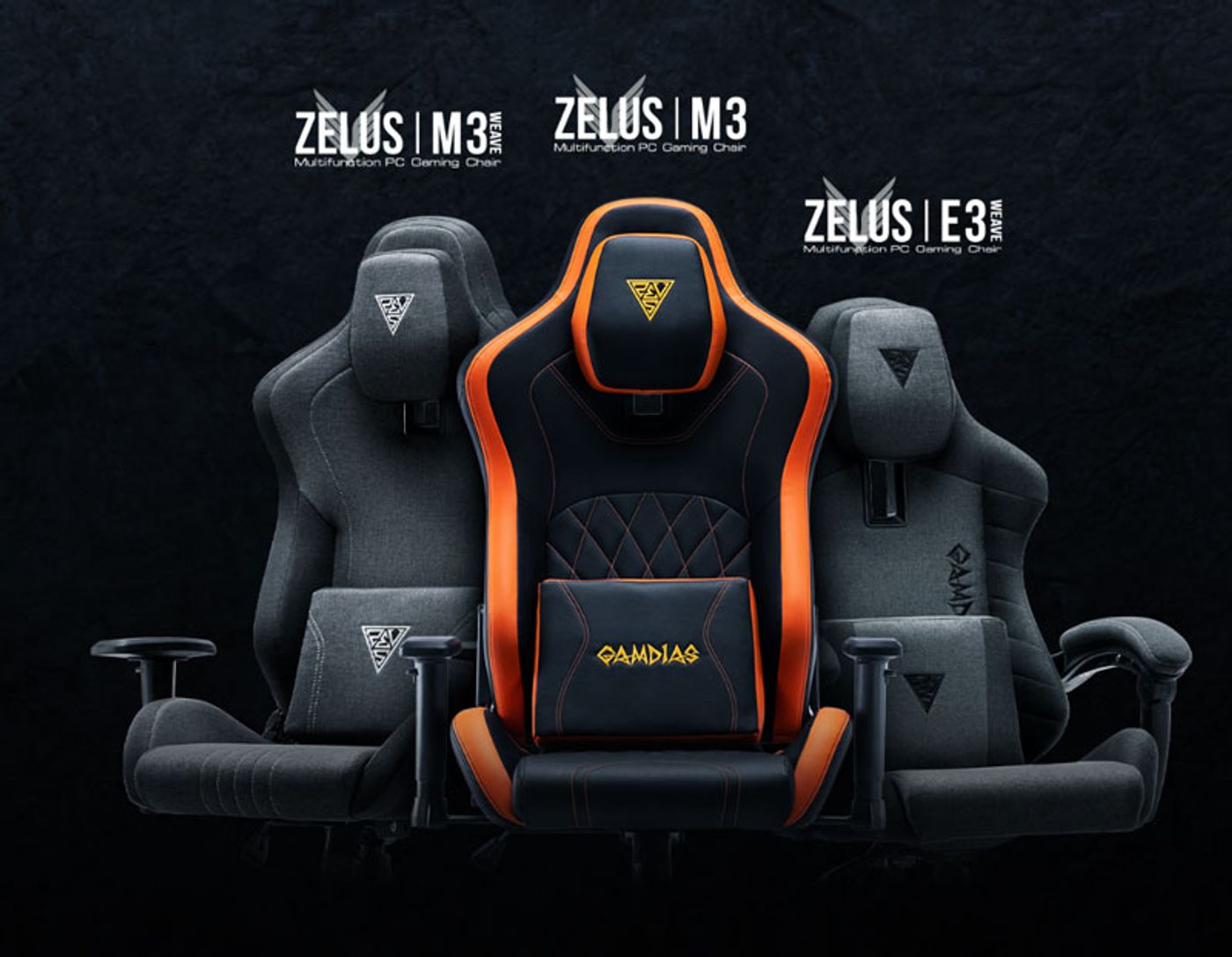 Gamdias Zelus M3 Weave Gaming Chair in black and grey featuring ergonomic support