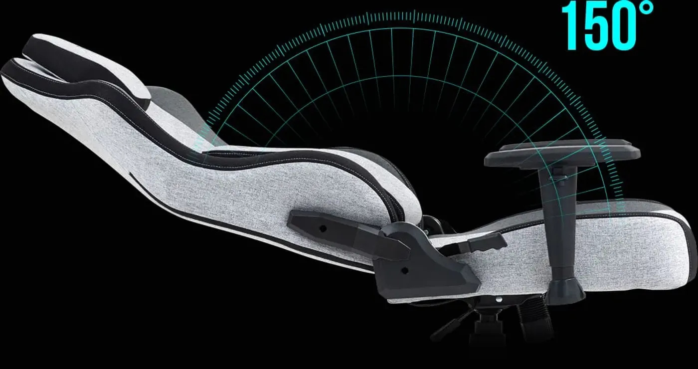 Gamdias ZELUS M4 Weave chair showing the 150-degree backrest adjustment