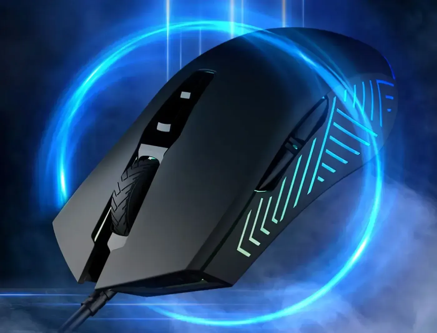 Gamdias ZEUS E4 gaming mouse featuring geometric textured grips and RGB lighting