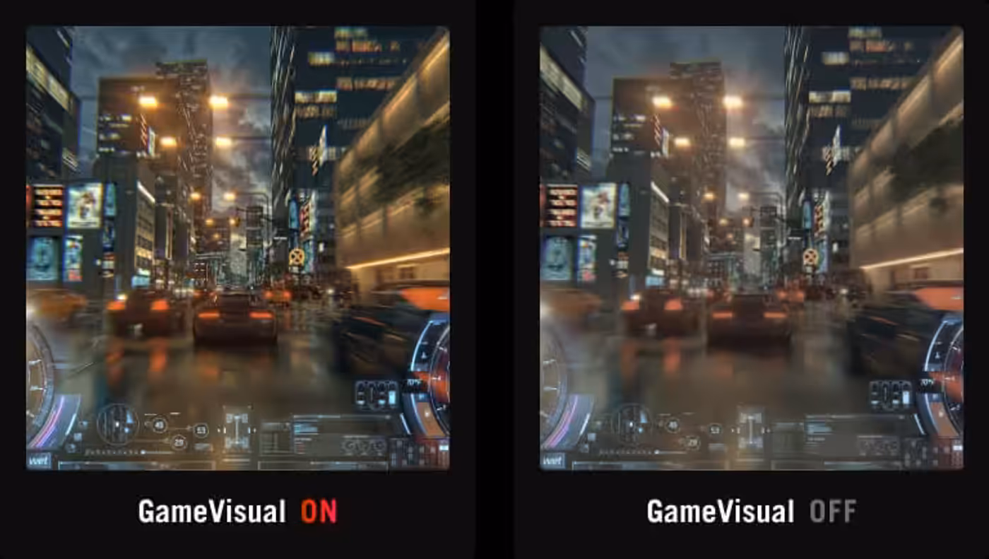 Comparison of GameVisual display settings showing varied color saturation for different gaming scenarios