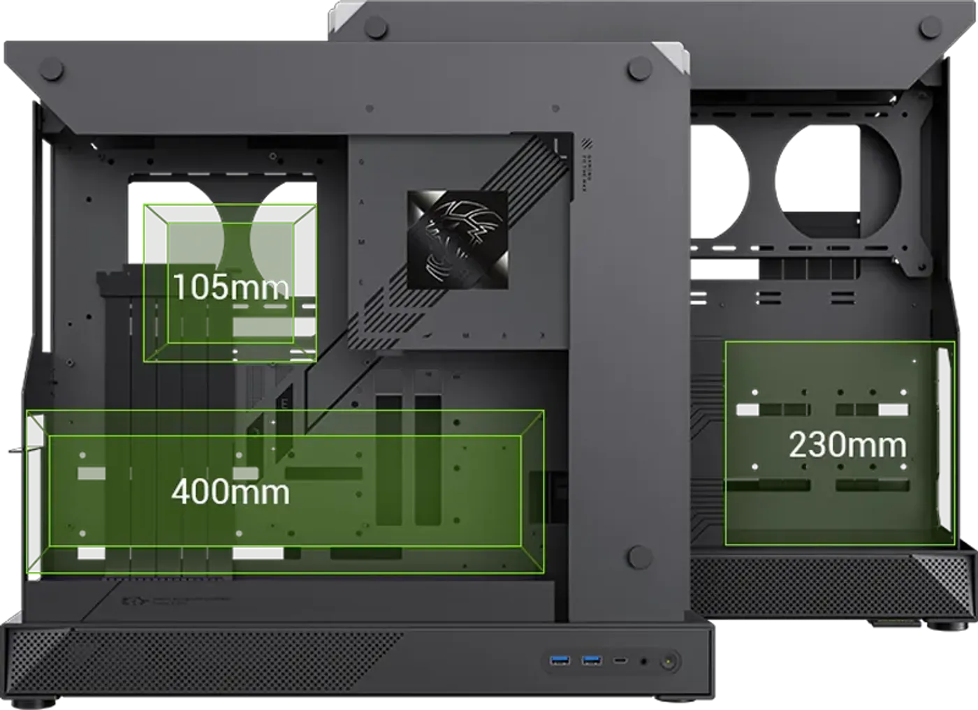 Hardware compatibility overview including clearance for coolers and GPUs